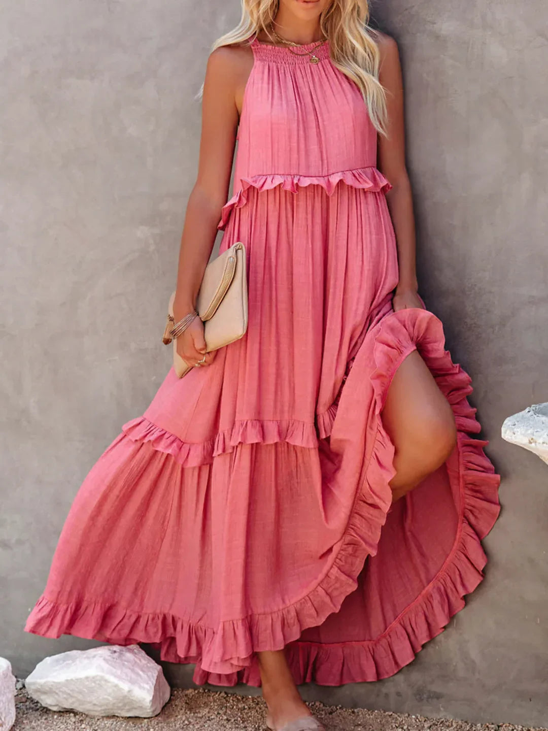 Josefien | Halter Neck Maxi Dress with Ruffles and Pockets