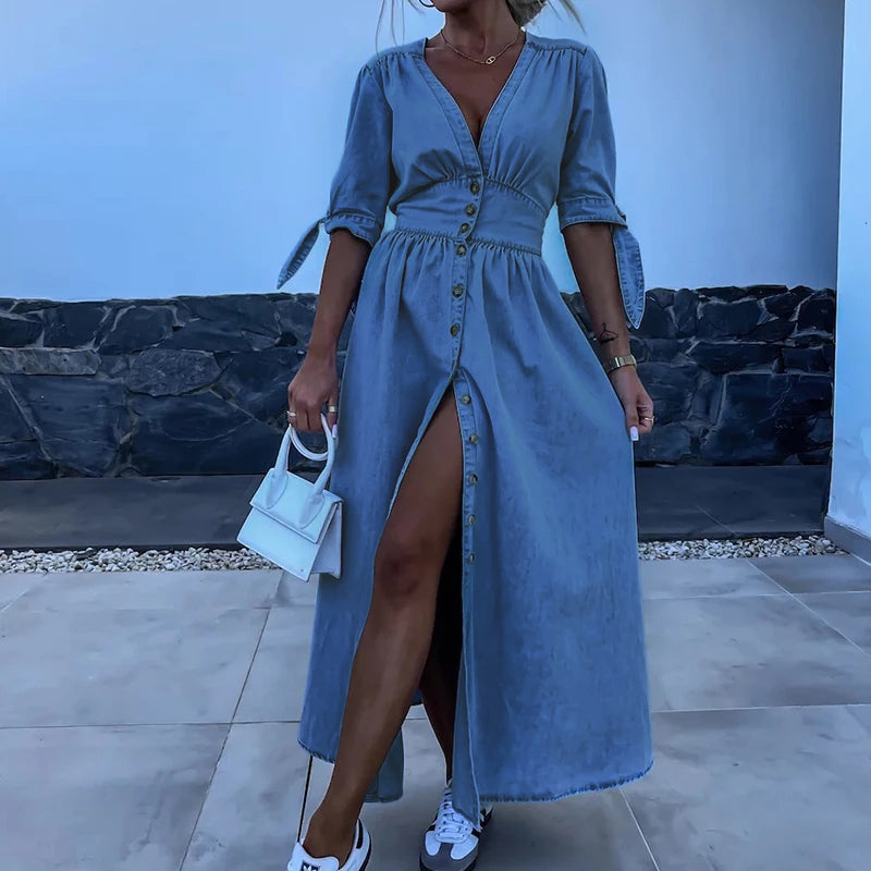 Lucy | Denim with Split and V-Neck Dress